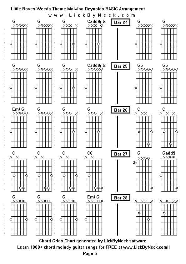 Chord Grids Chart of chord melody fingerstyle guitar song-Little Boxes Weeds Theme-Malvina Reynolds-BASIC Arrangement,generated by LickByNeck software.